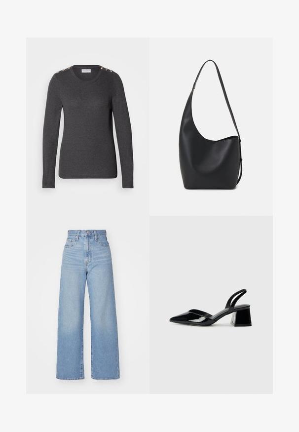 Pulover din material moale, cu manșon lung, de culoare gri închis, având un guler rotund și butoane decorative pe umeri pentru un plus de detaliu.; Jeans cu talie înaltă, de culoare albastru deschis, cu croială largă, dotate cu nasture și fermoar la față, buzunare în față și spate, pe un fundal alb.; Pantofi cu toc slingback din piele lacuită neagră, cu vârf ascuțit și toc geometric. Prezintă un design elegant, minimalist și o textură netedă.; Geantă hobo din piele neagră, cu o textură netedă, formă curbată și un singur bretele ajustabil; are o deschidere largă în partea de sus.