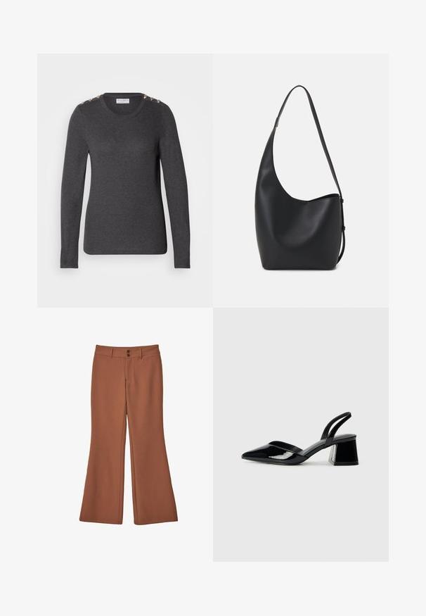 Donkergrijze trui met lange mouwen van zachte stof, met een ronde halslijn en decoratieve schouderknopen voor extra detail.; Bruine, uitlopende broeken van zacht materiaal. Bevat twee voorknopen en heeft een gladde structuur zonder zichtbare patronen of accenten.; Zwarte gepatineerde leren slingback hakken met een spitse neus en een geometrische blokhak. Kenmerkt zich door een slank, minimalistisch ontwerp en een gladde textuur.; Zwarte leren hobo tas met een gladde textuur, kromme vorm en een enkele verstelbare schouderband; heeft een brede opening aan de bovenkant.