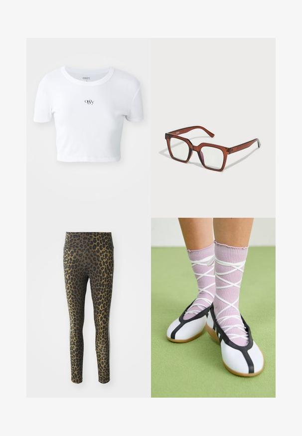 Valge lühikeste varrukatega crop top, mis on valmistatud ribakanga materjalist. Omab rinnal diskreetset musta logo, ümarat kaelust ja sobivat lõiget.; Leopardimustriga retuusid, millel on kõrge vöökoht, veniv kangas ja mustad aktsendid heledal pruunil taustal, loodud mugavuse ja sobivuse tagamiseks.; Valged lamedad jalanõud musta ääre ja tallaga, koos heledate lillade soonikatega sokkidega, millel on valged ristvõrgud. Taustal roheline värv.; Pruunid üleõlised ristkülikukujulised prillid selgete läätsedega, millel on paremal läätses kerge roosa tooni. Plastraam, mille pind on sile.