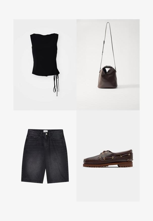 Top senza maniche nero con design avvolgente, lacci laterali e texture liscia. Orlo a taglio dritto con un'estetica moderna e minimalista.; Bermuda in denim nero dal design classico. Presenta cinque tasche, chiusura frontale con bottone e dettagli di cucitura. Texture liscia e taglio dritto.; Scarpa da barca in pelle marrone con occhielli dorati, lacci tondi e una suola in gomma marrone texturizzata. Presenta dettagli cuciti e un logo in rilievo.; MM6 Maison Margiela JAPANESE CROSSBODY BAG - Borsa a mano - bracken; Orologio Casio al quarzo argento con quadrante rettangolare, display analogico e digitale, bracciale in acciaio inossidabile e caratteristiche di resistenza all'acqua.