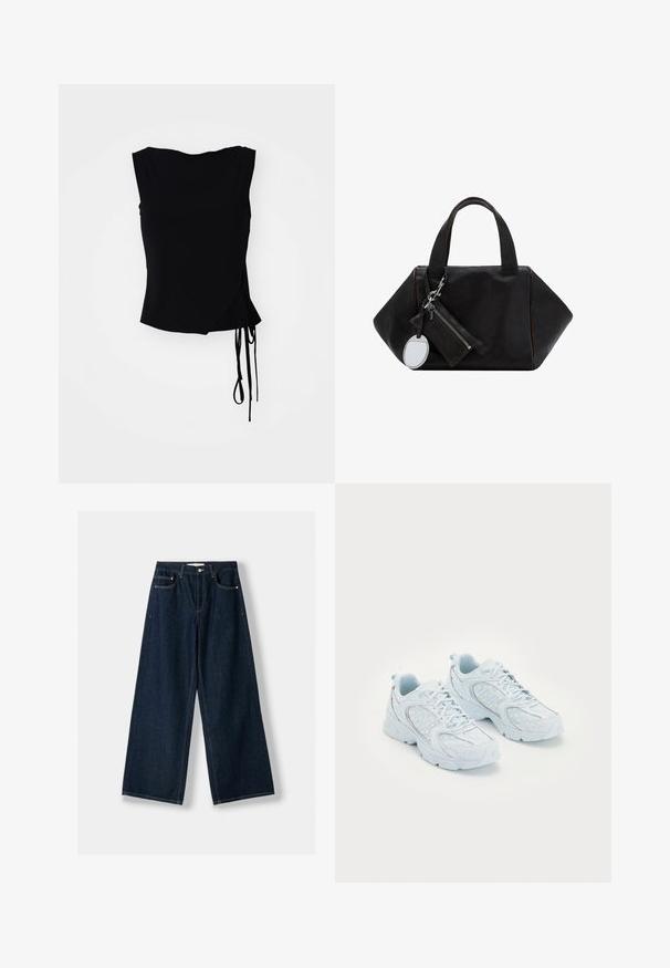 Top senza maniche nero con design avvolgente, lacci laterali e texture liscia. Orlo a taglio dritto con un'estetica moderna e minimalista.; Jeans larghi blu scuro in denim. Presentano cinque tasche, una chiusura con bottone e cerniera, e dettagli di cuciture a contrasto.; Scarpe da ginnastica di colore azzurro chiaro con una tomaia in rete e sintetico, caratterizzate da pois bianchi e dettagli riflettenti, design con lacci e suole imbottite.; Borsa a mano in pelle nera con un design geometrico, due manici corti e un pouch con zip removibile e un ciondolo a specchio rotondo.