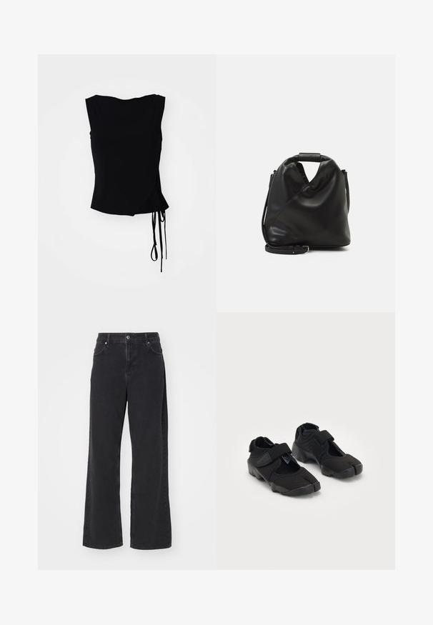 Černý top bez rukávů s designem zavazování, bočními tkaničkami a hladkou texturou. Rovný lem s moderním, minimalistickým vzhledem.; Černé džíny s vysokým pasem a rovnými nohavicemi, s předním knoflíkem, poutky na opasek a kapsami, vystavené na bílém pozadí.; Černé vodní boty vyrobené z pružné tkaniny s suchým zipem, s jedinečným designem rozděleného prstu a texturovanou gumovou podrážkou pro lepší přilnavost.; Černá, měkká kožená taška s unikátním zkrouceným designem. Obsahuje krátkou rukojeť a odnímatelný ramenní popruh. Minimalistický styl.; Stříbrné kvartzové hodinky Casio s obdélníkovým ciferníkem, analogovým a digitálním zobrazením, nerezovým páskem a voděodolnými vlastnostmi.