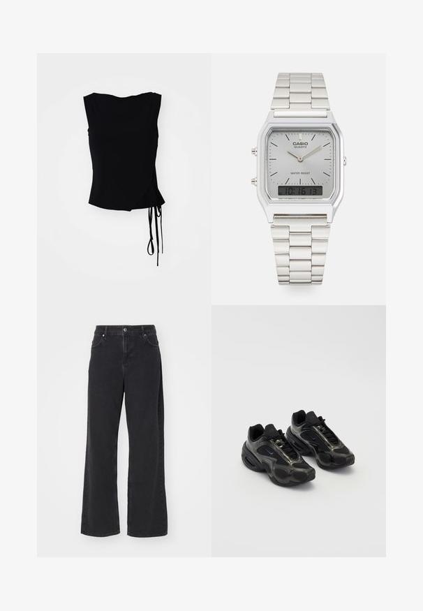Black sleeveless top with a wrap design, side ties, and smooth texture. Straight cut hem with a modern, minimalist aesthetic.; Black high-waist straight-leg jeans with front button, belt loops, and pockets, displayed against a white background.; Black athletic shoes with synthetic material, mesh accents, and rounded soles. Features lacing system and prominent Nike logo on tongue.; Silver Casio quartz watch with rectangular face, analog and digital displays, stainless steel bracelet, and water-resistant features.