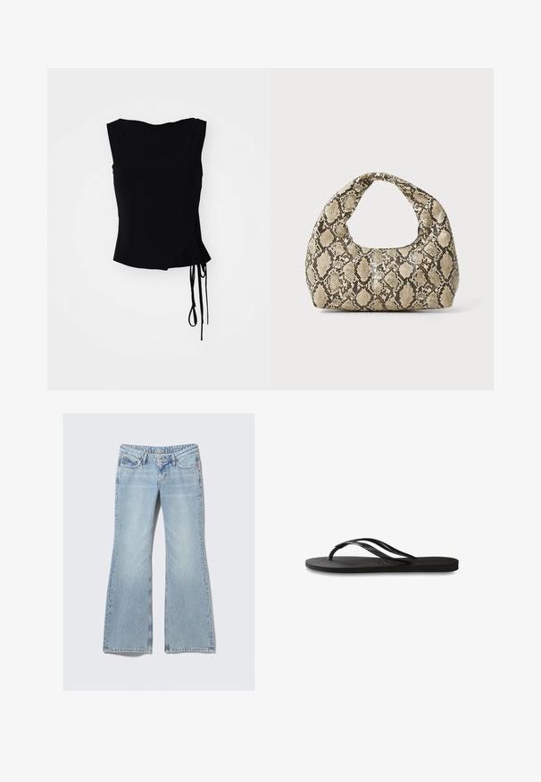 Svart ermeløs topp med vikledesign, sidesnøring og glatt tekstur. Rett kutt i kanten med en moderne, minimalistisk estetikk.; Weekday NOVA - Jeans slim fit - lip blue; Svart flip-flop med teksturert gummisåle, to slanke stropper og en subtil, preget logo på stroppen.; Veske med slangeskinnmønster og krummet håndtak. Laget av teksturerte, beige og brune materialer, med et særegent diamantmønster.