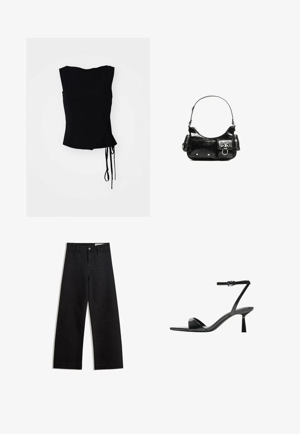 Black sleeveless top with a wrap design, side ties, and smooth texture. Straight cut hem with a modern, minimalist aesthetic.; Black wide-leg denim pants with a high waist, featuring front and back pockets, stitched seams, and a button closure. Smooth texture.; Bershka High heeled sandals - black; Black patent leather handbag with a curved shape, one shoulder strap, front pockets, and silver-tone hardware accents.