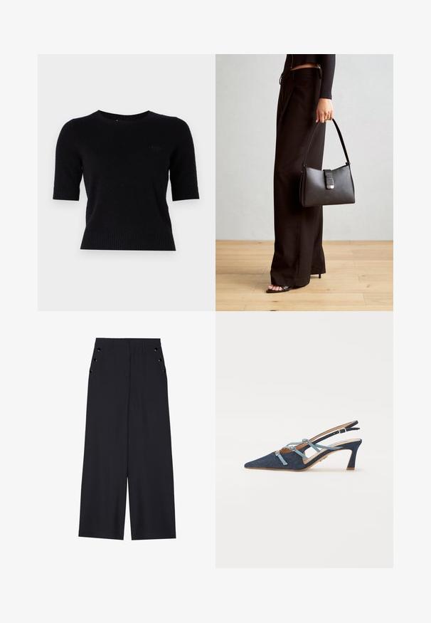 Must have mustat lühikesed varrukad särk, mis on valmistatud pehmest kangast, ümmarguse kaeluse ja ribakujundustega varrukate äärtes ja allääres. Esiküljel diskreetne logo.; Laiad püksid tumesinises kangas, millel on sile tekstuur, ees pleedid ja dekoratiivsed kuldset värvi järgipuuaugud küljetaskutel.; Denim slingback kingad, terav nina, helesinised vöödid kaunistustega, keskmise kontsaga, tekstuuriga kangas, pruun sisetald, minimalne õmblemine, elegantne disain.; Must musta kott, millel on struktureeritud kuju, sile tekstuur ja metallist klamber. Kombineeritud laiate mustade pükstega ja avatud varvaste sandaalidega puidust põrandal.