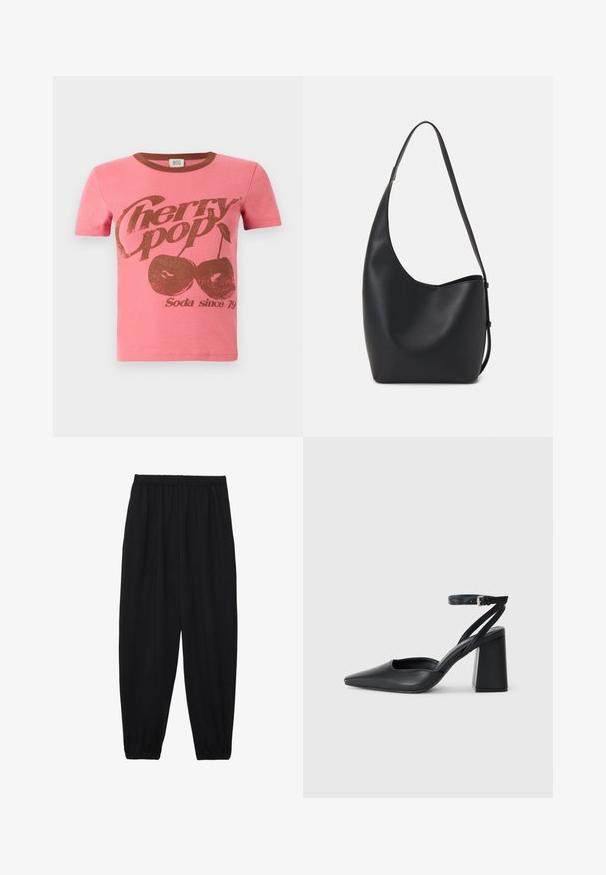 BDG Urban Outfitters CHERRY POP BABY - T-shirt estampada - pink; Calças pretas, leves, com um cinto elástico e punhos franzidos. O tecido é suave e apresenta um design relaxado e afunilado.; Sandal com biqueira afilada em couro preto, com cinta no tornozelo e salto grosso. Textura lisa, design elegante e estética minimalista.; Saco hobo preto em pele com uma textura lisa, forma curva e uma única alça ajustável; apresenta uma abertura larga na parte de cima.