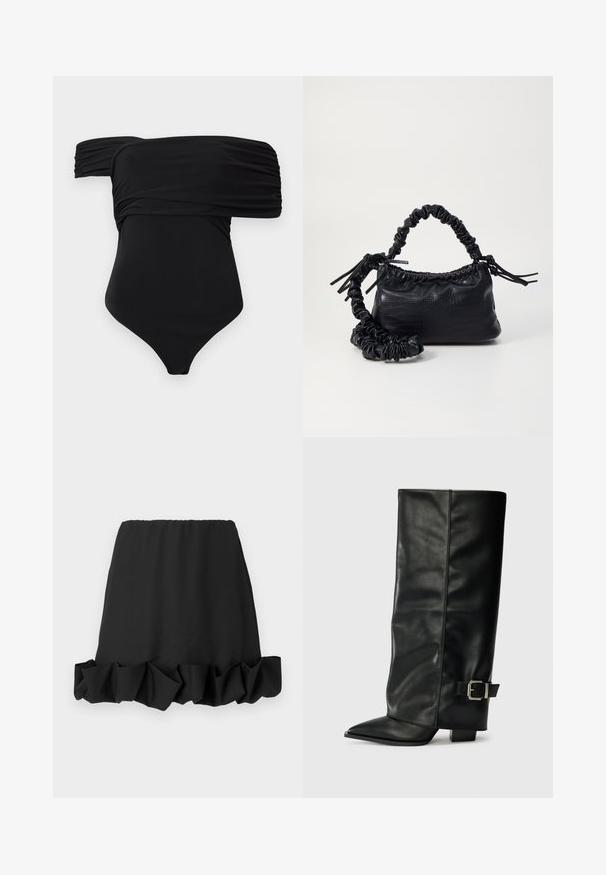 Schwarzer Badeanzug mit schulterfreiem Design, ausgestattet mit gerafftem Stoff und glatter Textur, entworfen für eine taillierte Silhouette.; Schwarzer Rock mit einem Rüschenbund, aus leichtem Stoff gefertigt. Verfügt über einen elastischen Taillenbund für eine bequeme Passform. Einfaches und vielseitiges Design.; Schwarze Lederstiefeletten in Knöchellänge mit spitzem Zehenbereich, glatter Oberfläche und silberner Schnallenakzent an der Seite. Massiver, quadratischer Absatz.; Schwarze Handtasche aus Kunstleder mit Krokodilstruktur, gerafftem oberen Teil und einem geschoppten Tragegurt. Sie wirkt weich und kompakt im Design.