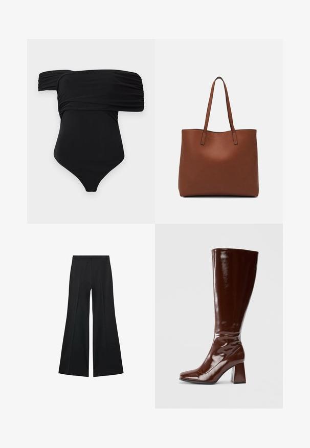 Black one-piece swimsuit with off-the-shoulder design, featuring gathered fabric and a smooth texture, designed for a fitted silhouette.; Black wide-leg pants with a smooth texture, featuring front pleats and a tailored design. The fabric is lightweight and flowy.; Knee-high brown patent leather boots with a square toe, glossy finish, and a chunky heel for stability. Seamless design with no visible hardware.; Brown leather tote bag with a smooth texture, open top design, and two shoulder straps. Features minimal stitching and no visible hardware.