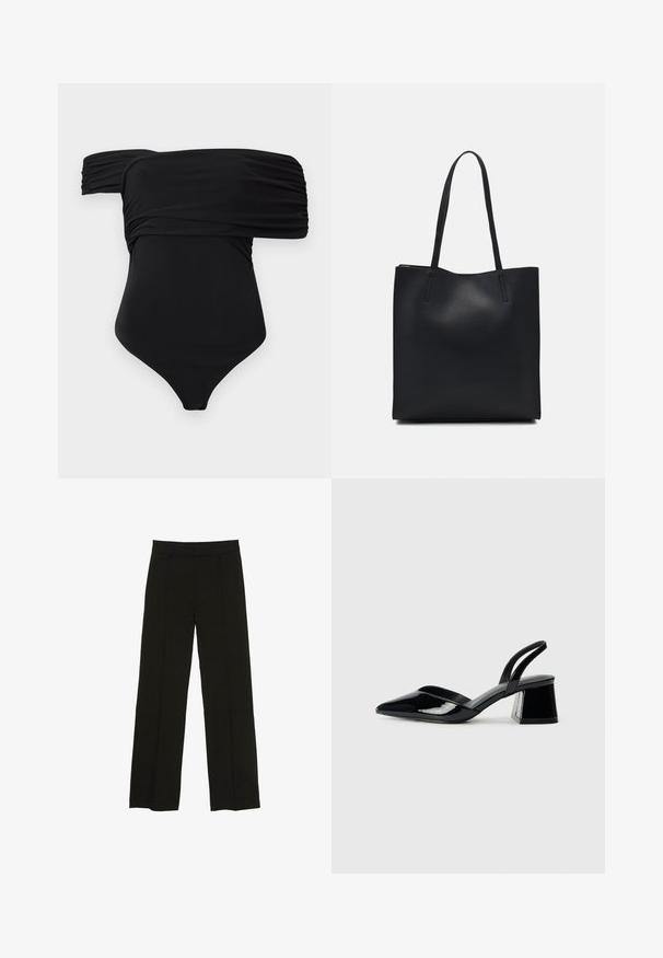 Black one-piece swimsuit with off-the-shoulder design, featuring gathered fabric and a smooth texture, designed for a fitted silhouette.; Black wide-leg trousers made from a smooth fabric, featuring a fitted waistband and subtle front pleats for added texture.; Black patent leather slingback heels with a pointed toe and a geometric block heel. Features a sleek, minimal design and smooth texture.; Black leather tote bag with smooth texture, rectangular shape, and two long handles. No visible hardware or embellishments.