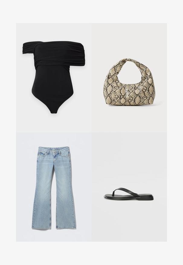 Costume da bagno intero nero con design scollato sulle spalle, caratterizzato da tessuto arricciato e una texture liscia, progettato per una silhouette aderente.; Jeans a zampa di tonalità azzurro chiaro con finitura sbiadita, design a cinque tasche e cuciture a contrasto. Denim di cotone con una texture liscia.; Infradito neri in pelle liscia, con un design a fascia sottile e una suola piatta dal profilo minimale. Nessun motivo o accento particolare.; Borsa a stampa rettile con manico curvo. Realizzata in materiali testurizzati beige e marroni, presenta un distintivo motivo a rombi.