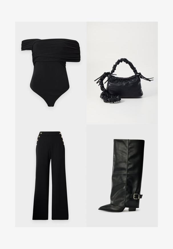 Melna viengabala peldkostīms ar plecus atstājušu dizainu, kuram ir sagatavots audums un gluda tekstūra, radīts, lai akcentētu pieguļošu siluetu.; Melnas augstās vidukļa platās bikses ar zeltītām pogām gar priekšpusi un kabatām abās gurnu pusēs uz balta fona.; Melni ādas potītes zābaki ar asu purngalu, gludu virsmu un sudraba sprādzi uz sāniem. Masīvs kvadrātveida papēdis.; Melnā mākslīgās ādas rokassoma ar krokodila rakstu, savilkta augšdaļa un saburzīta siksna. Izskatās mīksta un kompakta pēc dizaina.