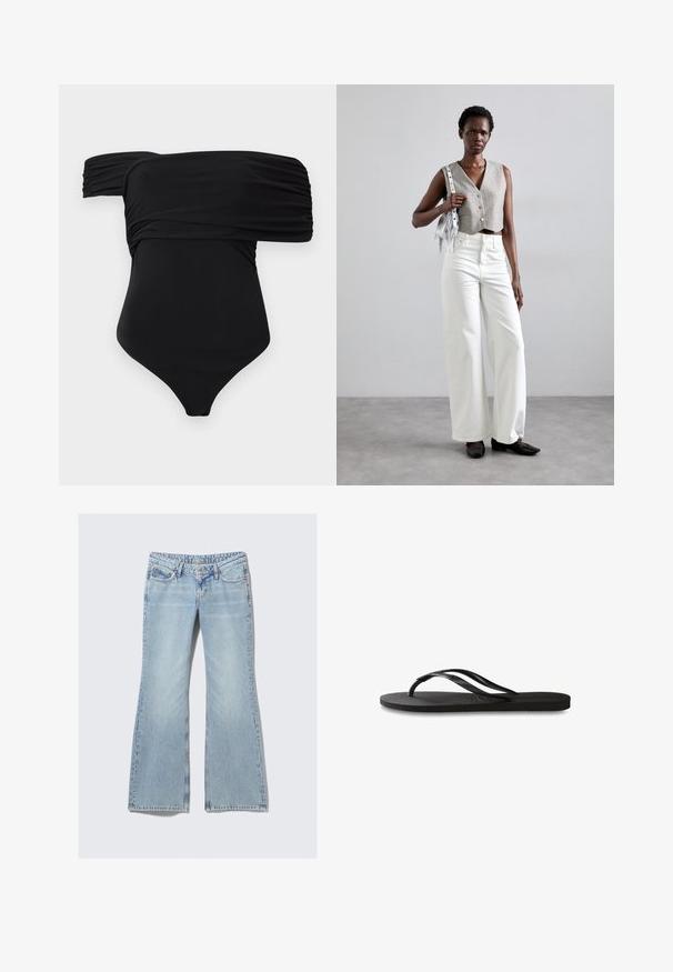 Sort heldragtssvømmedragt med off-the-shoulder design, der har samlet stof og en glat tekstur, designet til en tætsiddende silhuet.; Weekday NOVA - Jeans Slim Fit - lip blue; Sorte flip-flop med en tekstureret gummisål, to slanke stropper og et subtilt, præget logodetalje på stroppen.; Grå cropped vest med knapper, parret med hvide wide-leg jeans og sorte flade sko. Accepteret med en lille sølv frynse taske.