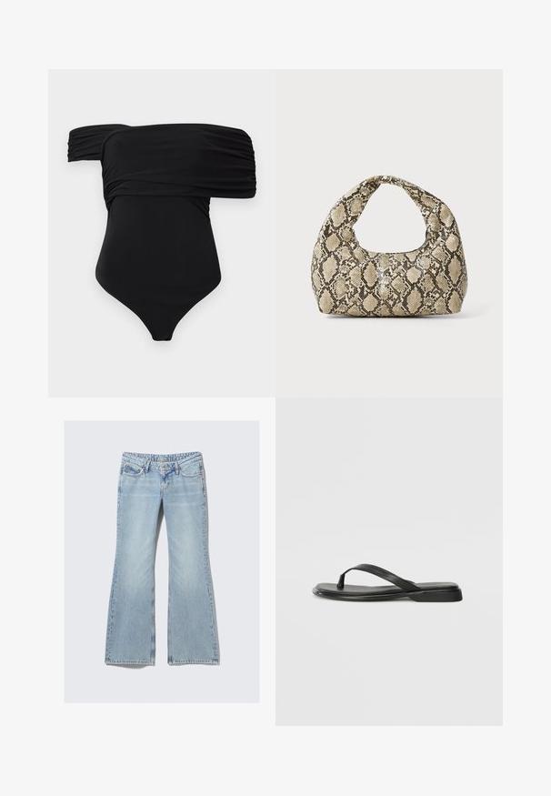 Must mustrõhuga must ühes tükis ujumistrikoo, millel on kokku pandud kangas ja sile tekstuur, loodud liibuva silueti saavutamiseks.; Weekday NOVA - Liibuvad teksad - lip blue; Musta sussumood, mis on valmistatud siledast nahast. Sellel on õhuke rihma disain ja lame tald minimaalsete joontega. Mingeid silmatorkavaid mustreid või aktsente ei ole.; Musta käärmeprindiga kott kõveraga käepidemega. Valmistatud tekstiilsetest, beežidest ja pruunidest materjalidest, millel on iseloomulik rombikujuline muster.