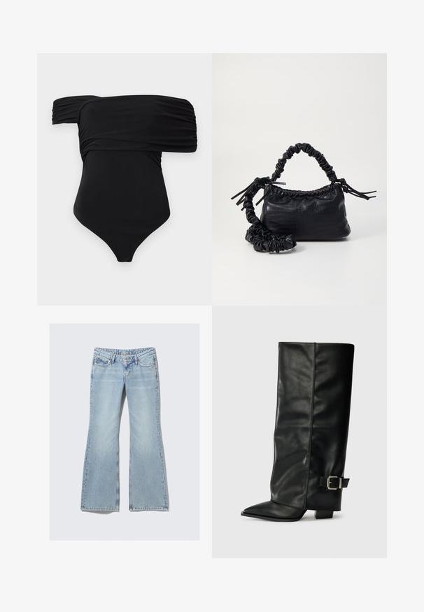 Black one-piece swimsuit with off-the-shoulder design, featuring gathered fabric and a smooth texture, designed for a fitted silhouette.; Weekday NOVA - Slim fit jeans - lip blue; Black leather ankle-length boots with a pointed toe, smooth texture, and a silver buckle accent on the side. Chunky square heel.; Black faux leather handbag with a crocodile texture, cinched top, and a scrunched strap. Appears soft and compact in design.