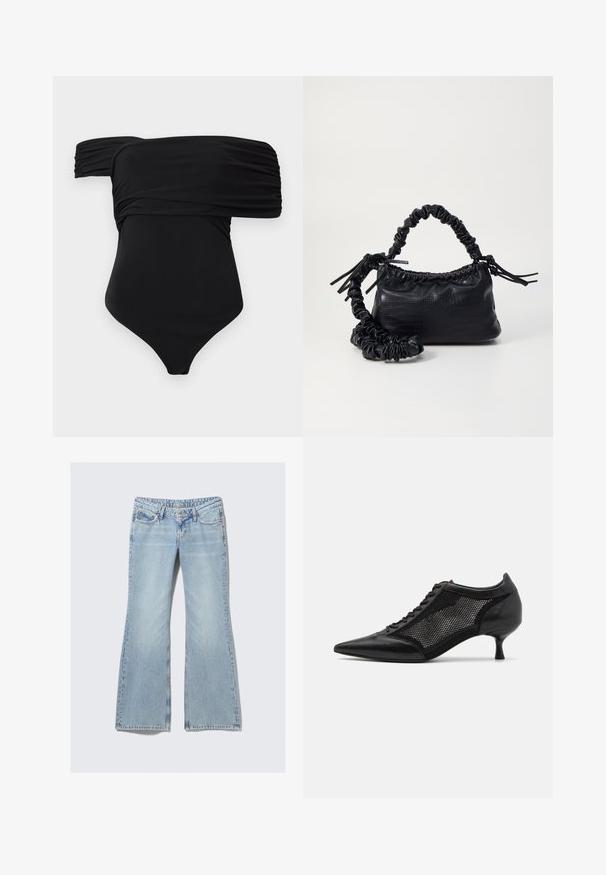 Black one-piece swimsuit with off-the-shoulder design, featuring gathered fabric and a smooth texture, designed for a fitted silhouette.; Weekday NOVA - Slim fit jeans - lip blue; Black pointed-toe shoe with a mesh panel design, featuring a low heel and lace-up front. Made from a combination of leather and mesh material.; Black faux leather handbag with a crocodile texture, cinched top, and a scrunched strap. Appears soft and compact in design.
