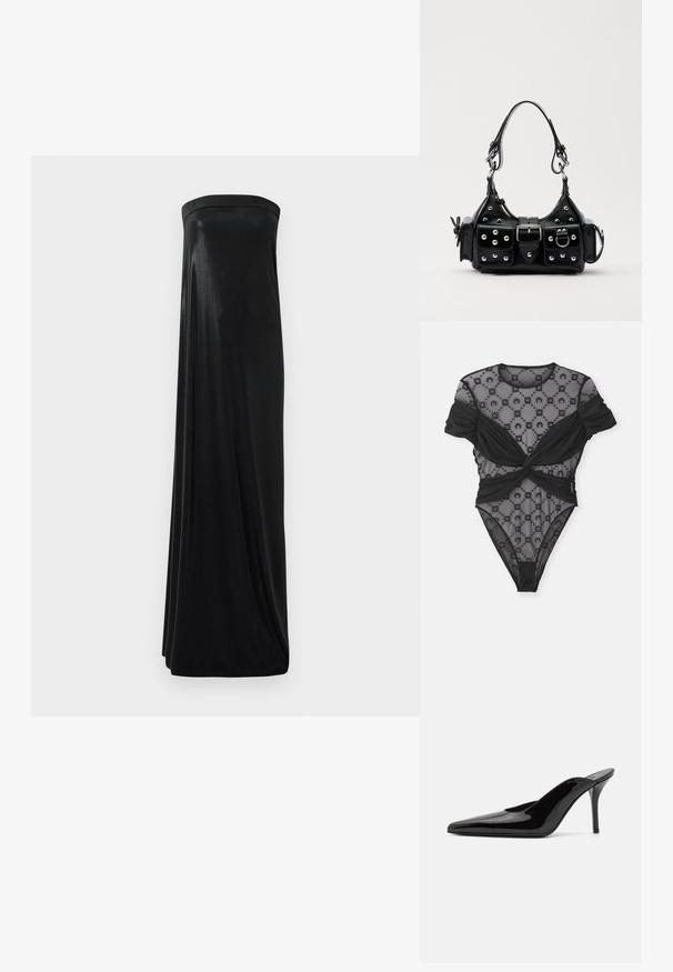Black bodysuit featuring sheer mesh with floral patterns, twisted design at the waist, and short, puffed sleeves. Smooth finish overall.; Black strapless maxi dress made of smooth, shiny fabric. Features a fitted bodice and flowing silhouette, reaching the floor without embellishments.; Black patent leather high-heeled mule with a pointed toe and a sleek silhouette, featuring an open back and a slender stiletto heel.; Black leather handbag with a curved design, featuring silver studs, a buckle, and two side pockets. Adjustable strap for carrying options.