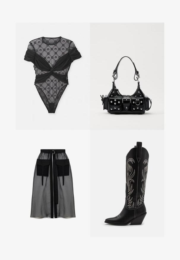 Mustat bodysuitit, joissa on läpinäkyvää verkkoa ja kukkakuoseja, kierretty muotoilu vyötäröllä ja lyhyet puffimaiset hihat. Yleisesti sileä pinta.; Musta läpinäkyvä hame, jossa on kerätty vyötärö, kaksi suurta etutaskua, vyönauha ja pyöreä metallikoriste.; Mustat nahkasaappaat cowboy-tyyliin, joissa on terävät varpaat, viistot korot ja hopeiset brodeeratut kukkakuviot varressa. Eroava ompelu koko saappaassa.; Musta nahkainen käsilaukku, jossa on kaareva muotoilu, hopeiset niitit, solki ja kaksi sivutaskua. Säädettävä olkahihna erilaisiin kantovaihtoehtoihin.