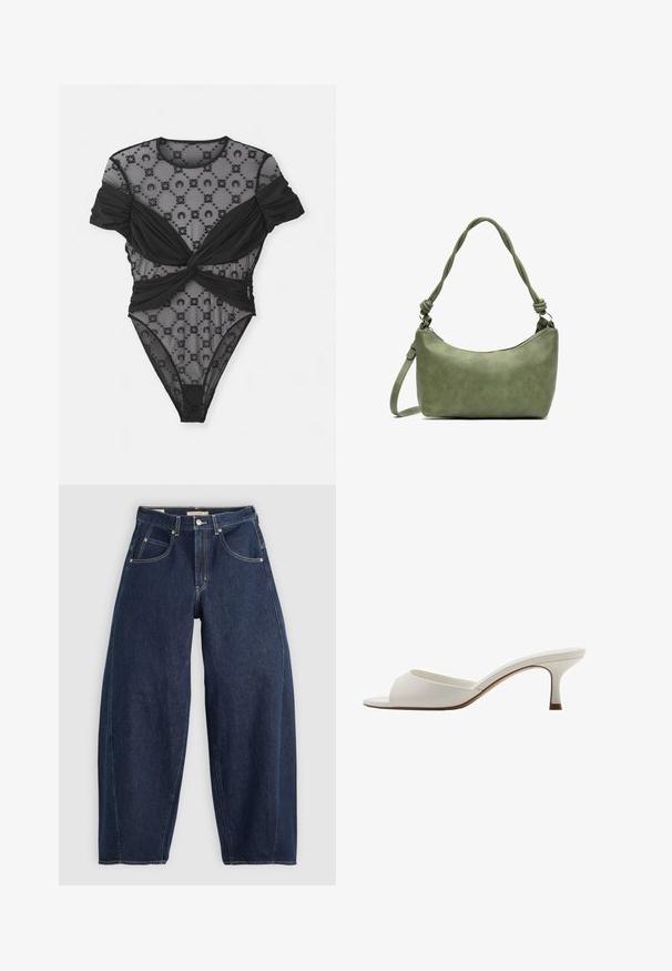 Černý body s průhledným síťovým materiálem a květinovými vzory, zkrouceným designem v pase a krátkými, nabíranými rukávy. Hladký celkový povrch.; Tmavě modré džíny z denimu s volným střihem, světlým prošíváním, pěti kapsami a knoflíkovým zapínáním v pase.; Bílé otevřené lodičky na vysokém podpatku s hladkým povrchem, minimalistickým designem a štíhlým podpatkem, se slabým hnědým akcentem na podrážce.; Zelená kožená kabelka s hladkou texturou, zakřiveným tvarem a pleteným držadlem. Obsahuje zipové uzávěr a nastavitelný popruh.