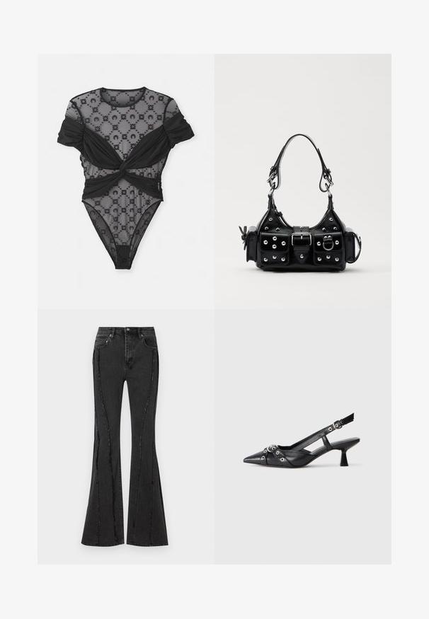 Czarny bodysuit z przezroczystą siateczką w kwiatowe wzory, skręconym fasonem w pasie oraz krótkimi, bufkami. Gładkie wykończenie całości.; Czarne dżinsy typu flared z przestarzałym wzorem i widocznymi detalami przeszyć. Posiada pięć kieszeni oraz zapięcie na guzik w talii.; Czarne skórzane buty typu slingback z ostrym noskiem, ozdobnymi paskami z metalowymi oczkami oraz niskim klinowym obcasem. Teksturowana powierzchnia.; Czarna skórzana torebka w zakrzywionym kształcie, z srebrnymi ćwiekami, klamrą i dwoma bocznymi kieszeniami. Regulowany pasek umożliwiający różne opcje noszenia.