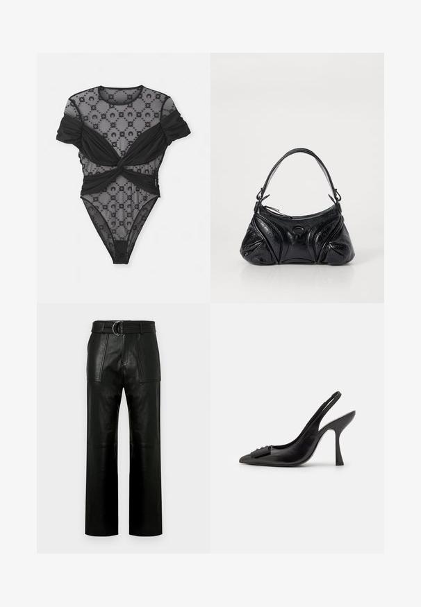 Juodas bodysuit'as su permatomu tinklu, dekoruotu gėlių raštais, susuktas dizainas liemens srityje ir trumpomis, išsipūtusiomis rankovėmis. Bendras paviršius lygus.; Aukštos juosmens juodos odinės kelnės su plačiomis kojomis, dideliais priekiniais kišenėmis ir atitinkamu diržu su dvigubu žiedu.; Juoda odinė slingback tipo avalynė su smailiu pirštu, siauru aukštu kulnu ir dekoratyvine kaspino akcentu. Lygi tekstūra ir elegantiškas dizainas.; Juodas rankinukas, pagamintas iš tekstūruotos odos, su suapvalinta forma. Jame yra plonas peties diržas ir dekoratyviniai įspausti raštai.