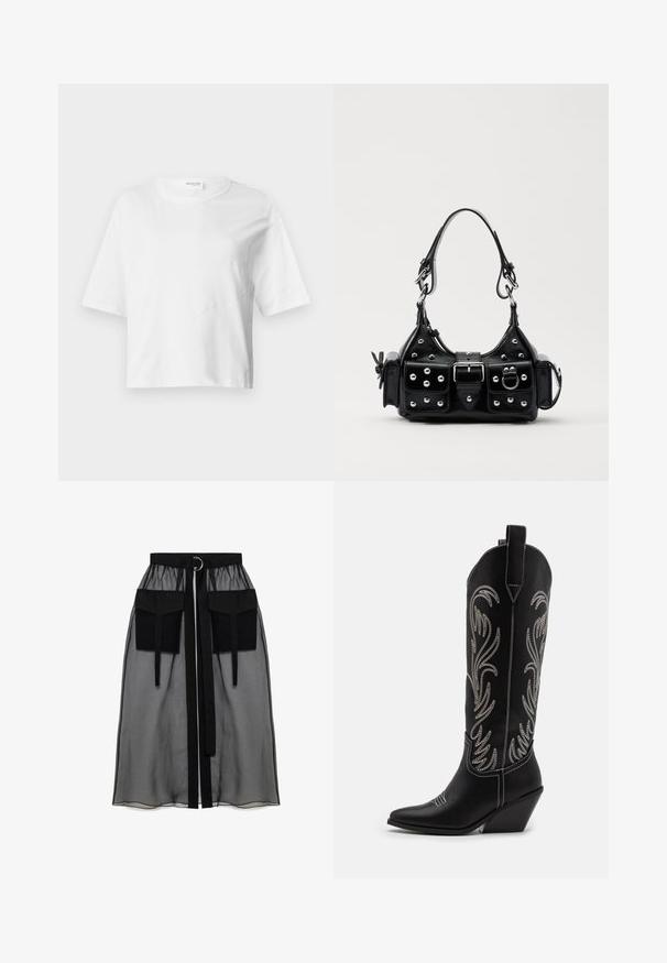 Weißes, kurz geschnittenes T-Shirt aus weichem Stoff mit kurzen Ärmeln, Rundhalsausschnitt und welligen Nahtdetails für Textur.; Schwarzer transparenter Rock mit einem gerafften Taillenbund, der zwei große Fronttaschen, einen Taillenkordel und ein kreisförmiges Metallakzent aufweist.; Schwarze Leder-Cowboy-Stiefel mit spitzen Zehen, Keilabsätzen und silbernen, gestickten Blumenmustern entlang des Schafts. Kontrastnähte über das gesamte Design.; Schwarze Lederhandtasche mit einem geschwungenen Design, verziert mit silbernen Nieten, einer Schnalle und zwei seitlichen Taschen. Verstellbarer Träger für verschiedene Tragemöglichkeiten.