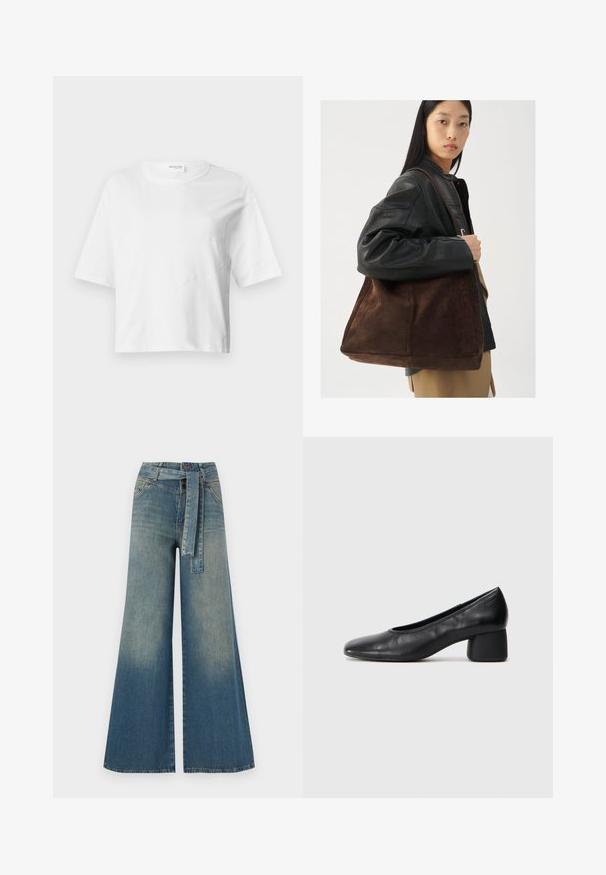 Camiseta corta blanca de tela suave, con mangas cortas, escote redondo y detalles en costura ondulada para dar textura.; Pantalones de mezclilla de pierna ancha con un degradado de azul claro a oscuro, cintura alta, trabillas para cinturón y un cinturón de tela a juego. Acabado de mezclilla texturizada.; Zapato de tacón negro en piel con punta redonda y tacón bloque medio. Textura suave con un detalle minimalista, que incluye una sutil abertura elástica.; Bolsa de tote de ante marrón con forma amplia y textura suave, con una sola correa y un hardware minimalista sobre un fondo neutro.