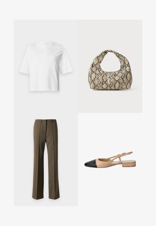 White cropped t-shirt made of soft fabric featuring short sleeves, a round neckline, and wavy seam details for texture.; Brown tailored trousers with a straight fit, pleated front, and classic waistband. Made from smooth fabric with a refined finish.; Beige and black two-tone slingback shoe with a pointed toe, flat heel, and crisscross strap detail. Smooth leather texture.; Snake-print handbag with a curved handle. Made from textured, beige and brown materials, featuring a distinctive diamond pattern.
