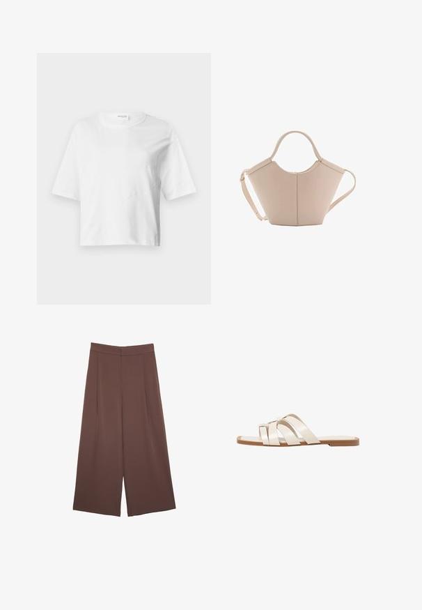 T-shirt bianco corto realizzato in tessuto morbido, con maniche corte, scollatura rotonda e dettagli di cuciture ondulate per aggiungere texture.; Pantaloni ampi marroni con una texture liscia, caratterizzati da una vita alta e pieghe frontali. Il tessuto è leggero e scorre liberamente.; Infradito con suola in gomma color talpa, progettate con tre cinturini in pelle bianca sovrapposti e un piccolo dettaglio a fiocco al centro.; Borsa in pelle beige con una forma unica, caratterizzata da due manici corti e una lunga tracolla regolabile. Texture liscia con hardware minimale.