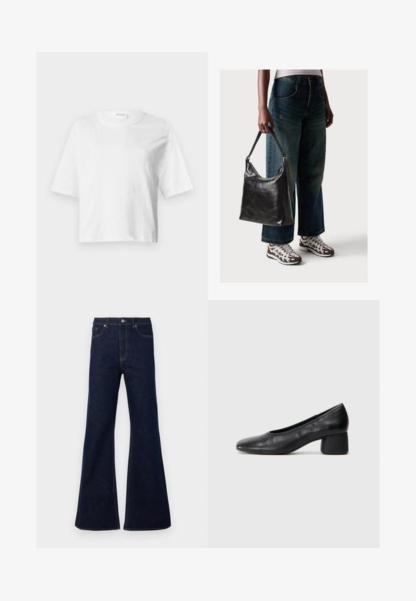 Biała krótka koszulka z miękkiego materiału, z krótkimi rękawami, okrągłym dekoltem i falistymi szwami dla uzyskania tekstury.; Ciemnoniebieskie dżinsy w stylu dzwonów z wysokim stanem, przednimi kieszeniami i złotymi przeszyciami. Gładka tekstura z tradycyjnym krojem.; Czarne skórzane szpilki z zaokrąglonym noskiem i średnim obcasem. Gładka tekstura z minimalnymi detalami, z subtelnym elastycznym wykończeniem.; Czarna skórzana torba na ramię o gładkiej fakturze i regulowanym pasku, w zestawieniu z wyblakłymi dżinsami typu wide-leg i sportowymi butami.