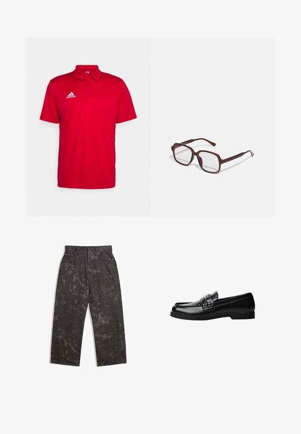Röd pikétröja i andningsbart material. Har krage, korta ärmar och en vit Adidas-logotyp på vänster bröst.; Mörkgrå denimbyxor med en lös passform, med subtila spräckliga mönster och metallbeslag. Femficksdesign.; Svarta loafers i läder med slät yta, dekorativa remmar med nitar och en låg gummisula. Klassisk design med en slank profil.; Bruna, rektangulära glasögon med genomskinliga linser och lila toning. Slät plastbåge med raka skalmar och subtila detaljer.
