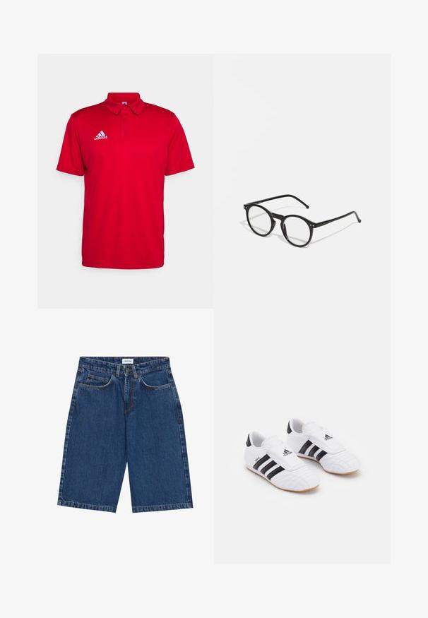 Polo vermelho feito de tecido respirável. Apresenta um colarinho, mangas curtas e um logo branco da Adidas no lado esquerdo do peito.; Calções de ganga em azul escuro, com um design de cinco bolsos, corte reto e costuras visíveis. Textura suave e cintura média.; Ténis atléticos brancos com riscas pretas, com uma textura semelhante ao camurça, bico arredondado e uma tira de Velcro. Sola de borracha para aderência.; Óculos de sol redondos pretos com lentes transparentes, hastes finas pretas e pequenos detalhes metálicos na parte da frente. Design clássico com estilo minimalista.