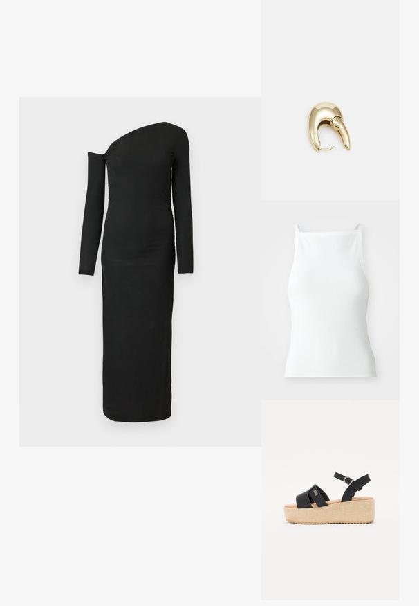 White ribbed tank top with thin straps, featuring a fitted design and smooth texture. The fabric appears elastic and lightly structured.; Black, form-fitting, long-sleeve dress with an asymmetric neckline and gathered side detail, made from ribbed fabric.; Black platform sandals with two wide straps, adjustable ankle strap, and woven-textured jute-like midsole. Textured rubber outsole.; Gold-tone metal earring with a sleek, curved design. Features a distinctive pointed shape, polished surface, and hinge closure.