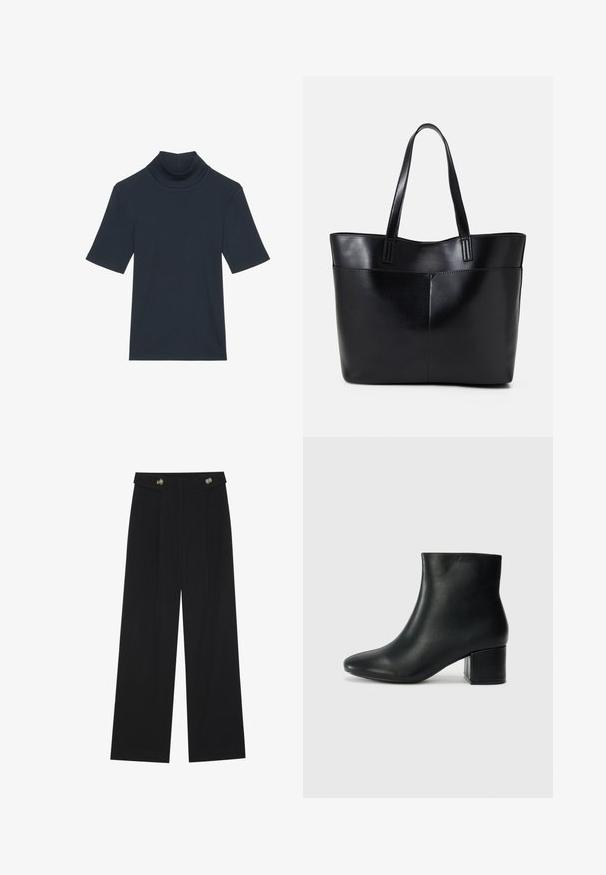 Donker marineblauwe korte mouw turtleneck gemaakt van ribbelstof. Kenmerkt zich door een getailleerde pasvorm en een gladde textuur.; Zwarte wijde broek met hoge taille, knoopdetails op de tailleband en plooien aan de voorkant.; Zwarte leren enkellaarzen met een spitse neus en een chunky hak. Gladde textuur met minimale accenten en een slank, strakk ontwerp.; Zwarte leren tote bag met twee lange handvatten, een zachte textuur en een gestructureerde vorm. Voorzien van een voorvak voor extra opslagruimte.