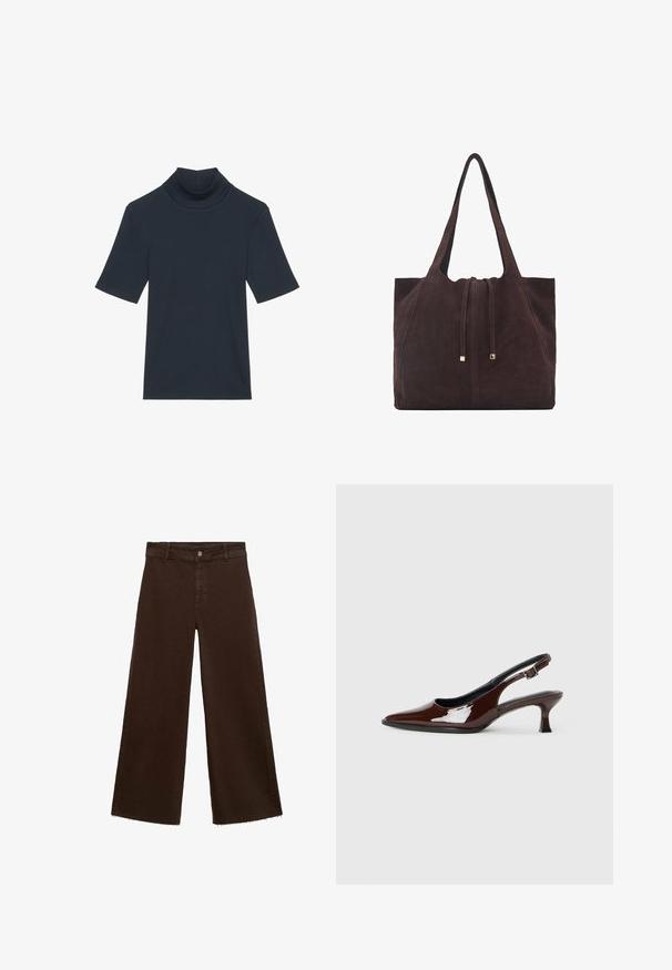 Tamno mornarsko plava majica s kratkim rukavima i visokim ovratnikom od rebraste tkanine. Ima prilagođen siluetu i glatku teksturu.; Smeđe široke hlače od pamuka, s raspucanim rubom, prednjim kopčanjem na dugme i klasičnim dizajnom s pet džepova. Minimalističke i svestrane.; Smeđe patentne kožne cipele s otvorenom petom, špicastim vrhom i umjerenom petom. Imaju remen s kopčom za sigurno pristajanje. Glatka tekstura.; Mango Velika torba - dark brown
