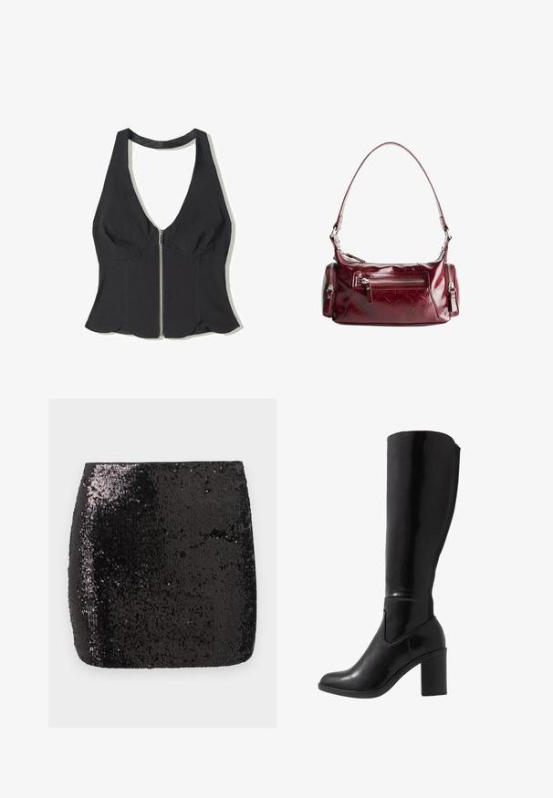 Černý halter top vyrobený z látky s hlubokým výstřihem do V, se zipem v přední části a vlnitým lemem na dně. Žádné vzory ani akcenty.; Černá flitrová mini sukně s přiléhavým střihem, hladkouTexturou a lesklým povrchem, který odráží světlo a vytváří vizuální zajímavost.; Černé lesklé vysoké kozačky na podpatku do poloviny lýtek s kulatou špičkou, hladkým povrchem, bočním výřezem a robustním sloupkovým podpatkem.; Lesklá tmavě červená kožená kabelka na rameno s přední kapsou na zip a dvěma malými postranními kapsami na zip.