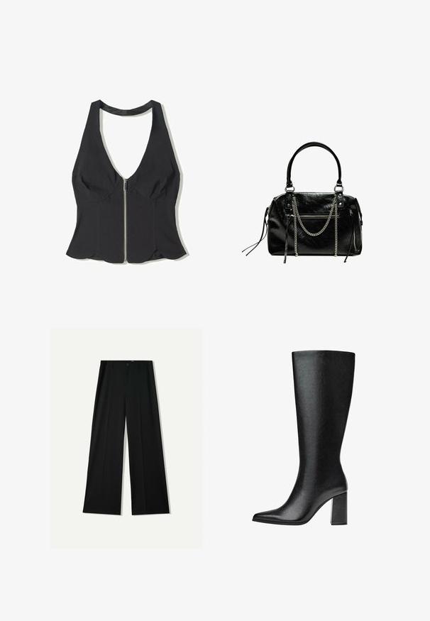 Sort halterneck top lavet af stof med en dyb V-udskæring, der har en lynlås foran og en scallop-kant i bunden. Ingen mønstre eller detaljer.; Bershka WIDE - Bukser - black; Sorte knæhøje støvler lavet af imiteret læder med spids tå, glat tekstur og en chunky blokhæl. Minimalistisk design uden synlige detaljer.; Bershka WITH CHAIN - Håndtasker - black