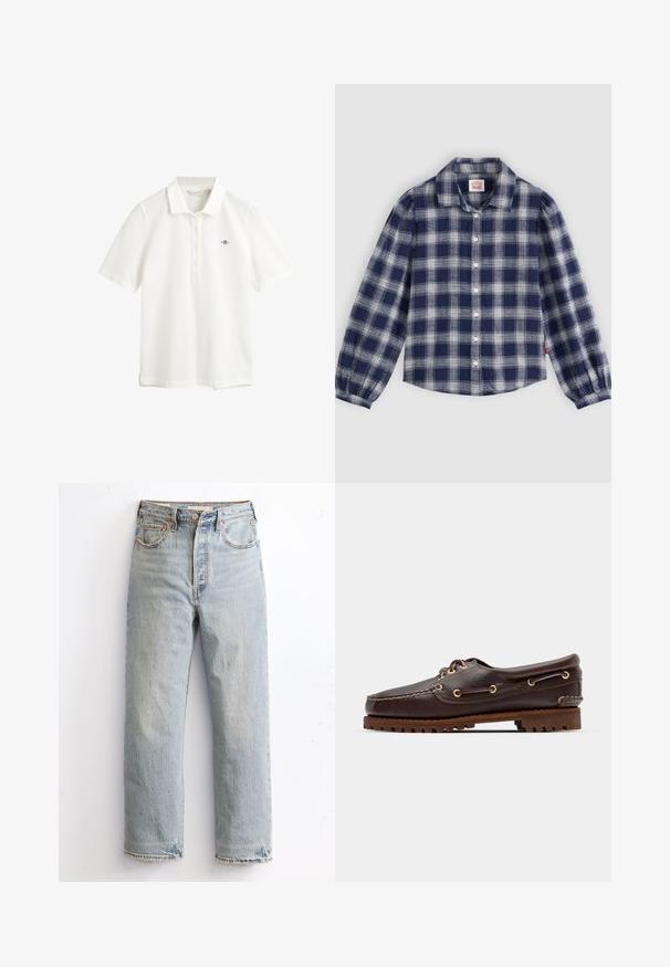 GANT SLIM FIT - Poloskjorter - eggshell; Marineblå og hvit rutete skjorte med lange ermer, knappestolpe foran, klassisk krage og detaljer med rynkede mansjetter. Laget av lett stoff.; Lyseblå denimjeans med rett ben-design, med slitt kant, kobbernitter og klassisk fem-lomme stil.; Brune lærbåt sko med gull øyer, runde lisser og en teksturert brun gummisåle. Har sømdetaljer og en hevet logo.