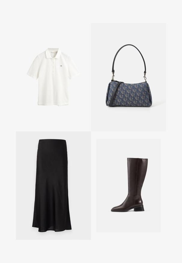 GANT SLIM FIT - Poloshirt - eggshell; Schwarze Satin-Maxiröhre mit glatter Textur, leicht ausgestellter Form und subtiler Eleganz. Keine sichtbaren Hardware-Elemente oder Verzierungen.; Knöchelhohe, braune Lederstiefel mit glatter Oberfläche, abgerundeter Spitze und gestapeltem schwarzen Absatz. Schlichtes Design mit minimalen Hardware-Details.; Blau gemusterte Handtasche aus Stoff, mit geschwungener Form, schwarzem Ledergriff und Logo-Design in einem helleren Farbton.