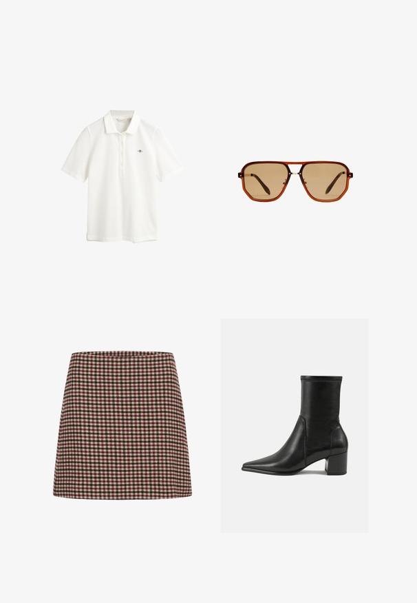 GANT SLIM FIT - Polo shirt - eggshell; A red and cream checked mini skirt with a straight silhouette and textured fabric. No visible fastenings or embellishments.; Black ankle boot made of smooth leather, featuring a pointed toe, a block heel, and distinct raised stitching at the top edge.; Brown octagonal sunglasses with a transparent amber frame and brown-tinted lenses. Features a metal accent at the bridge and slender temples.; Brown suede tote bag with dual handles, a button closure strap, and a relaxed, slightly slouchy shape.