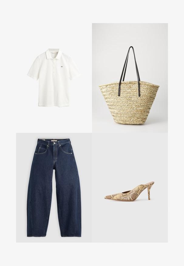 GANT SLIM FIT - Polo - eggshell; Jeans de ganga azul escuro com um corte largo, costura clara, cinco bolsos e fecho por botão na cintura.; Sapatos de salto slingback com bico apontado em padrão de pele de cobra texturizada com tons de bege e castanho; apresentam um salto agulha e laterais recortadas.; Bolsa de palha trançada com uma forma larga e afilada, apresentando duas alças em couro preto. Cor bege natural com uma superfície texturizada.
