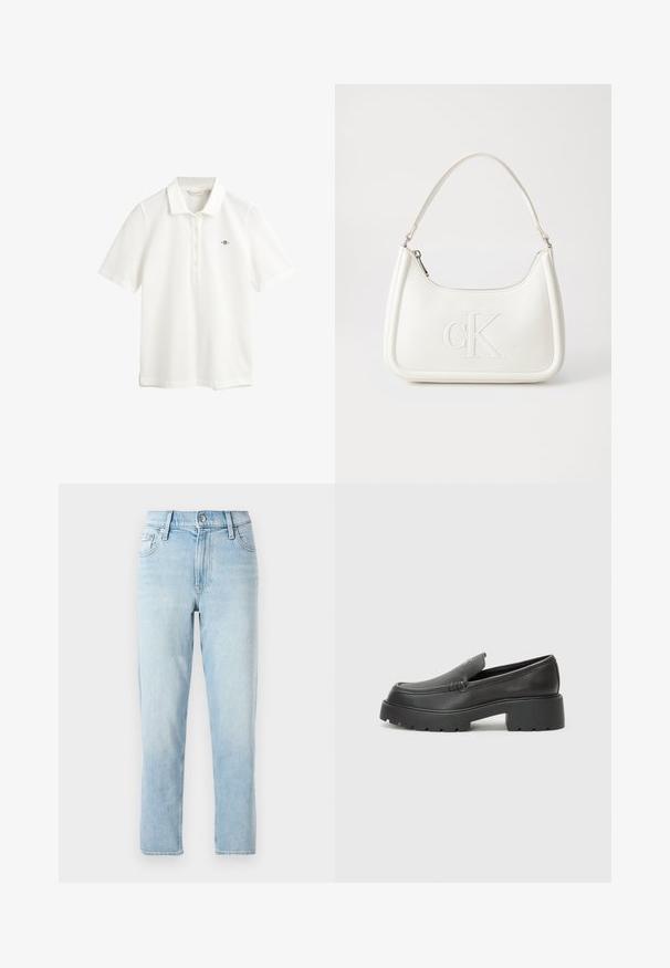 GANT SLIM FIT - Polotričko - eggshell; Světle modré denimové džíny, rovný střih, střední výška pasu, s pěti kapsami a zapínáním na knoflík vpředu.; Černé kožené mokasíny s okrouhlou špičkou, silnou strukturovanou podrážkou a minimálními detaily šití. Elegantní design bez viditelných tkaniček nebo kovových prvků.; Bílá kožená kabelka s křivkovým tvarem, na přední straně s vyraženým logem "CK" a jediným ramenním popruhem. Zipový uzávěr na vrchu.