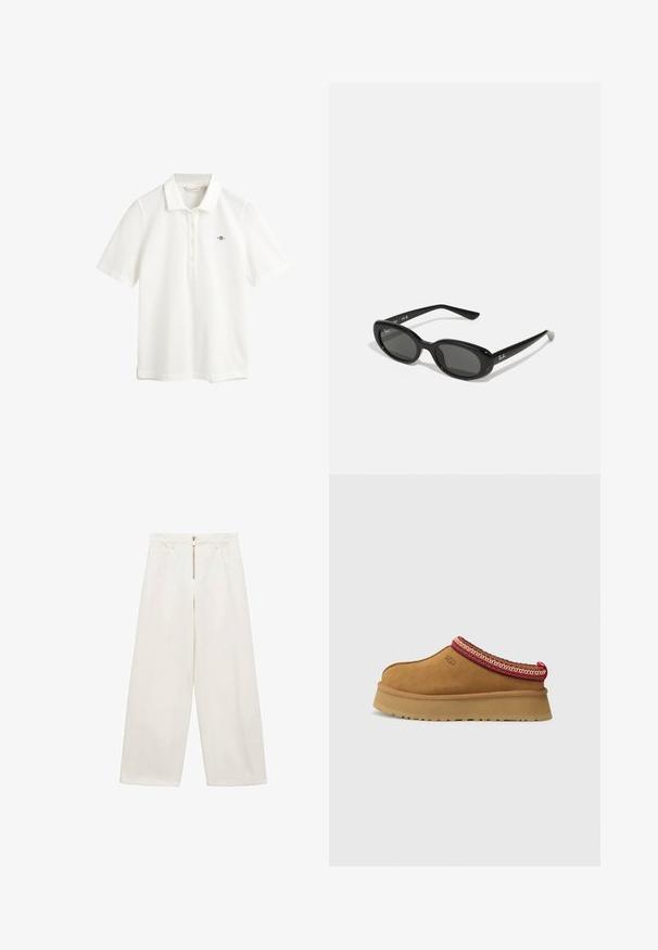 GANT SLIM FIT - Poloshirt - eggshell; Weite Hosen aus off-weißem Baumwollstoff. Mit einem Reißverschluss vorne und zwei Eingrifftaschen. Glatte Textur und lockerer Schnitt.; Braune Wildleder-Slipper mit rot-creamfarbenem gemusterten Besatz, strukturiertem Absatz und UGG-Logo an der Seite. Verfügt über eine leichte Plattformhöhe.; Schwarze Sonnenbrille mit ovalen Gläsern, glänzendem Kunststoffrahmen und schlanken Bügeln. Mit Ray-Ban-Logo in Weiß an der Seite.; Rote Leder-Schultertasche mit einem geschwungenen Design, glatter Textur und einem Reißverschluss. Sie verfügt über einen dünnen Henkel zum Tragen.