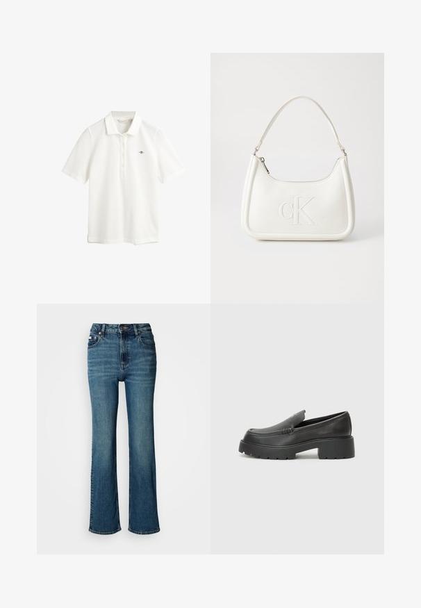 GANT SLIM FIT - Polo shirt - eggshell; High-waisted blue jeans made of denim, featuring a straight leg design, subtle fading, and a standard button and zipper closure.; Black leather loafers with a rounded toe, thick textured sole, and minimal stitching details. Sleek design with no visible laces or hardware.; White leather handbag with a curved shape, featuring an embossed "CK" logo on the front and a single shoulder strap. Zipper closure at top.