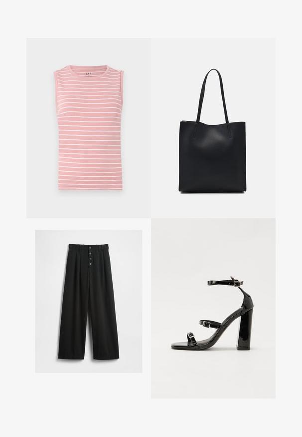 Ärmlös rosa topp med horisontella vita ränder, rund halslinning och mjukt bomullsmaterial. Enkelt mönster, inga ytterligare detaljer.; Vida svarta byxor med vida ben, tillverkade av ett texturerat tyg. Har hög midja, framknäppning med fem knappar och pressade vecken för extra detalj.; Svarta lackerade klacksandaler med fyrkantig tå, ankelremmar och silverfärgade spännen. Har en kraftig blockklack för stabilitet.; Svart lädertoffelväska med slät textur, rektangulär form och två långa handtag. Ingen synlig hårdvara eller dekorationer.