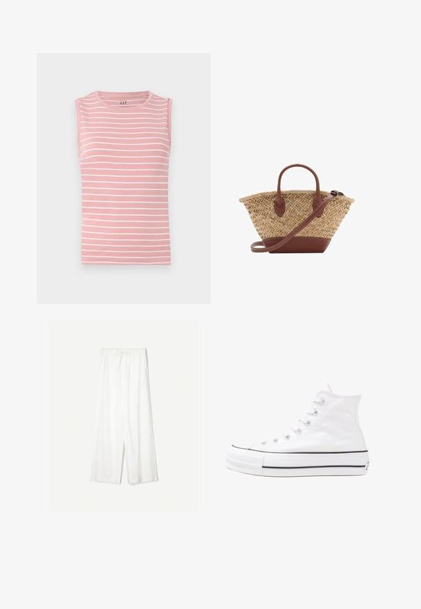 Ærmeløs lyserød top med vandrette hvide striber, rund halsudskæring og blødt bomuldsstof. Simpelt design uden yderligere detaljer.; Hvide bukser med brede ben og snøre i taljen, vist imod en ensfarvet baggrund, som fremhæver deres afslappede stil og stoftekstur.; Hvide høje kanvas sneakers med sort gummisål, gummitåhætte foran og seks øjehuller til snørebånd, der har et rent, minimalistisk design.; Vævet stråkurv med brune læderdetaljer, to håndtag og en aftagelig rem. Buet form med en robust bund.
