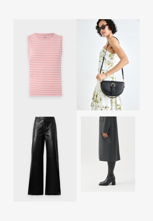 Ärmelloses rosa Oberteil mit horizontalen weißen Streifen, Rundhalsausschnitt und weichem Baumwollmaterial. Einfaches Design, keine zusätzlichen Akzente.; Schwarze leichte, weit geschnittene, hochtaillierte Kunstlederhose mit vorderem Knopf, Reißverschluss, Gürtelschlaufen und Seitentaschen auf weißem Hintergrund.; Grau, maßgeschneiderter Überwurf mit geradem Schnitt; kombiniert mit knöchelhohen, schwarzen Lederstiefeln mit quadrater Zehenform und klobigem Absatz.; Schwarze Lederhandtasche mit geschwungener Form, abnehmbarem Tragegurt und goldenen Beschlägen. Die Tasche verfügt über einen Deckel mit einer Schnallen-Details.