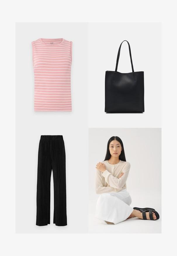 Kätsega pluus roosa värvi, horisontaalsete valgete triipudega, ümar kaelus ja pehme puuvillane materjal. Lihtne disain, ilma täiendavate aksessuaarideta.; Mustad pleekitud püksid elastse vöökohtaga. Omavad laiad jalad ja sujuvat, tekstureeritud kangast vertikaalsete triipudega.; Heledbež kattega pikkade varrukatega nupuga särk, millele on paigutatud valge seelik; mudel kannab musti rihmaga sandaale ja istub käed risti.; Mustast nahast kott sujuva tekstuuriga, ristkülikukujuline ja kahe pika sangaga. Pole nähtavat riistvara ega kaunistusi.