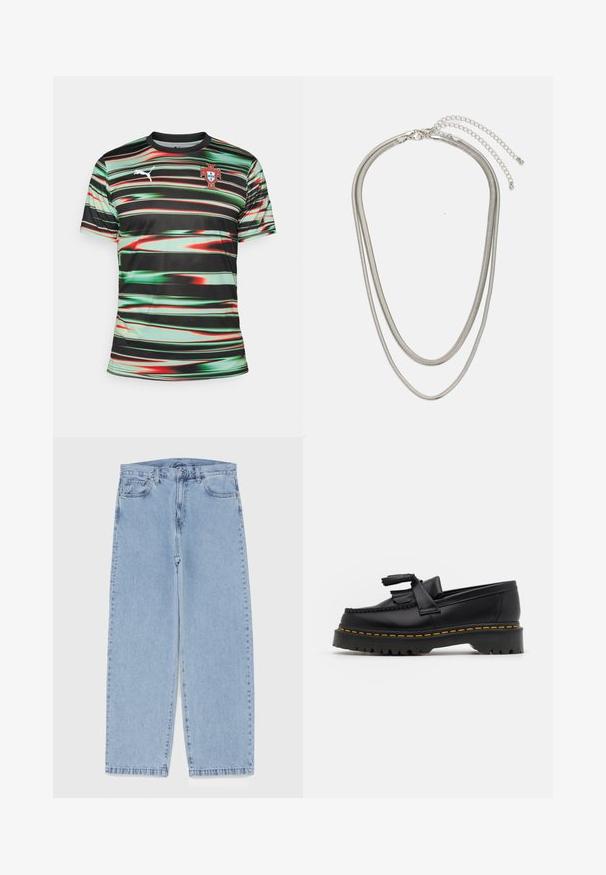 Kortærmet sort sportsjersey med grønne og røde vandrette striber. Har et Puma-logo og et Portugal nationalholdsskjold på brystet.; Lyseblå denimjeans med straight leg-design, der har en mid-rise talje, fem lommer og en lukning med knap og lynlås.; Sort læderloafer med en frynsedetalje, der har en kraftig sort sål og gul syninger langs kanten. Teksturert overflade.; Tre-lags sølvmetal halskæde med slanke, flexible kæder med en let glans, sikret med en hummerlås og justerbar kæde.