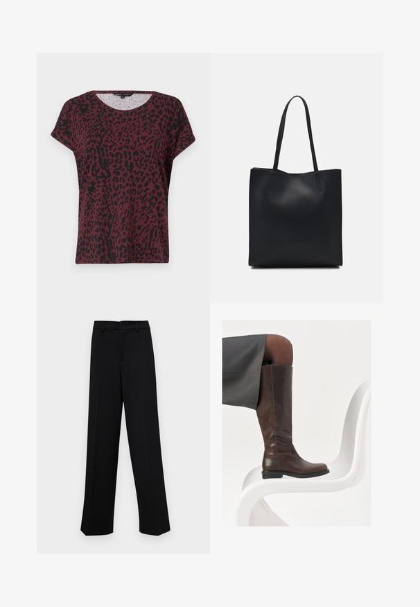 Tricou burgund cu imprimeu de leopard negru, guler rotund, mâneci scurte, croială lejeră, textură moale a materialului, detalii de cusătură minime.; Pantaloni negri cu croi larg, dintr-un material neted, având un talie clasică cu închidere prin buton și plisuri frontale.; Cizma din piele maro până la genunchi, cu vârf rotund, textură netedă și detalii minime de cusătură, așezată pe un fundal deschis, pe un scaun alb.; Geantă tote neagră din piele, cu textură netedă, formă rectangulară și două mânere lungi. Fără hardware vizibil sau ornamente.